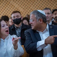 MK Tally Gotliv (left) and National Security Minister Itamar Ben Gvir attend a hearing at the Supreme Court in Jerusalem on petitions challenging laws against UNRWA, August 3, 2026. (Chaim Goldberg/Flash90)