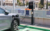 A charging station for electric cars at Ishpro Center in Modiin, central Israel, August 12, 2026. (Yossi Aloni/FLASH90)