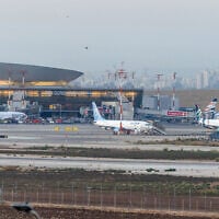 Illustrative: Airplanes are seen at Ben Gurion International Airport, near Tel Aviv, on August 24, 2026. (Yossi Aloni/FLASH90)
