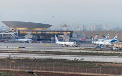Airplanes are seen at Ben Gurion International Airport, near Tel Aviv, on August 24, 2026. (Yossi Aloni/FLASH90)