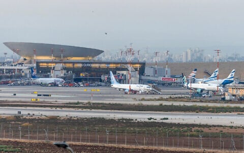 Airplanes are seen at Ben Gurion International Airport, near Tel Aviv, on August 24, 2026. (Yossi Aloni/FLASH90)