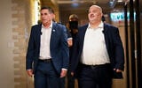 Ra’am party chief Mansour Abbas (right) arrives at a press conference with new party member Yoav Segalovitz in Nazareth, August 31, 2026. (Michael Giladi/FLASH90)
