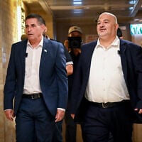 Ra’am party chief Mansour Abbas (right) arrives at a press conference with new party member Yoav Segalovitz in Nazareth, August 31, 2026. (Michael Giladi/FLASH90)