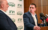 Ra’am party chief Mansour Abbas (left) holds a joint press conference with new party member Yoav Segalovitz in Nazareth, August 31, 2026. (Michael Giladi/FLASH90)