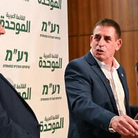 Ra’am party chief Mansour Abbas (left) holds a joint press conference with new party member Yoav Segalovitz in Nazareth, August 31, 2026. (Michael Giladi/FLASH90)
