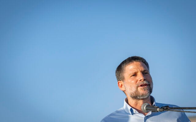 Finance Minister Bezalel Smotrich attends a ceremony marking the establishment of the new Israeli settlement of Ma’ale Arugot in Gush Etzion, in the West Bank, September 2, 2026. (Chaim Goldberg/Flash90) Finance Minister Bezalel Smotrich attends a ceremony marking the establishment of the new Israeli settlement of Ma’ale Arugot in Gush Etzion, in the West Bank, September 2, 2026. (Chaim Goldberg/Flash90)