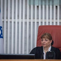 Supreme Court Justice Yael Willner presides over a hearing on a petition filed by the Likud party against the Central Elections Committee Chairman Noam Sohlberg's decision to prohibit the real-time transfer of information on voters who have cast their ballots during Israel’s general election, September 2, 2026. (Yonatan Sindel/Flash90)
