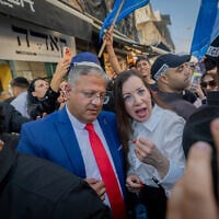 National Security Minister Itamar Ben-Gvir,  and MK Tally Gotliv, a new member of his Otzma Yehudit party, tour the Mahane Yehuda Market in Jerusalem ahead of the upcoming general elections, September 4, 2026. (Chaim Goldberg/Flash90)