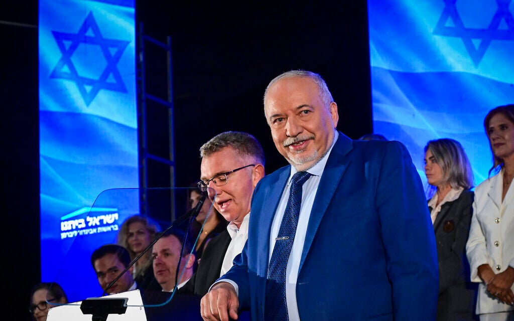 Avigdor Lieberman, chairman of the Yisrael Beytenu party, and party members at an event ahead of the upcoming election in Tel Aviv, September 6, 2026. (Avshalom Sassoni/Flash90)