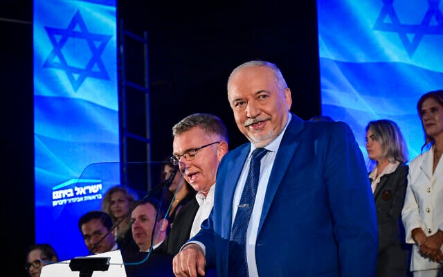 Avigdor Lieberman, chairman of the Yisrael Beytenu party, and party members at an event ahead of the upcoming election in Tel Aviv, September 6, 2026. (Avshalom Sassoni/Flash90)