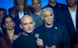 Together party chairman Naftali Bennett (front), together with Opposition Leader Yair Lapid and party members (right), present the party’s candidate list ahead of the upcoming general elections in Tel Aviv, September 6, 2026. (Flash90)