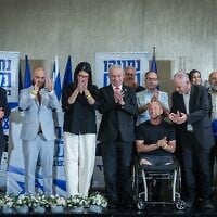 Prime Minister Benjamin Netanyahu presents the new members joining the Likud party’s candidate list ahead of the upcoming general elections, in Jerusalem, from left to right: Amir Avivi (who relinquished his spot on the list), David Peter, Talik Gvili, Netanyahu, Jacob Bardugo (behind), Itzik Bonzel, Elisha Madan (in front), Eli Goldschmidt.  September 8, 2026. (Chaim Goldberg/Flash90)