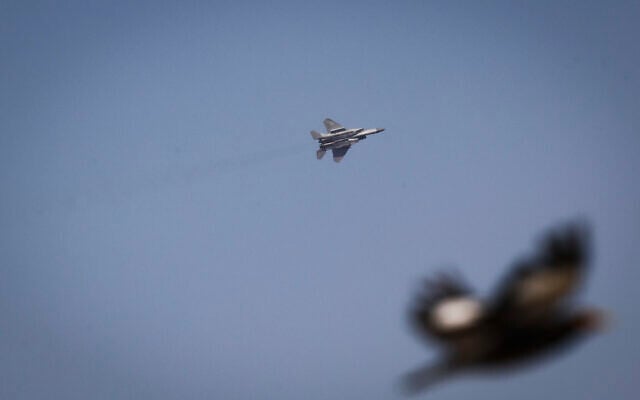 An Air Force fighter jet is seen in the skies over central Israel, September 9, 2026. (Nati Shohat/Flash90)