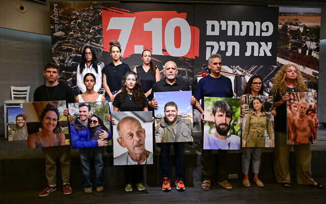Victims and family members of those killed and abducted during Hamas's October 7 attacks hold a press conference in Tel Aviv, September 15, 2026. (Avshalom Sassoni/FLASH90)