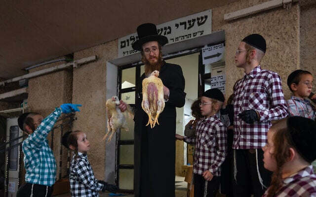 Ultra-Orthodox Jews perform the Kaparot ceremony in Bnei Brak ahead of Yom Kippur, September 17, 2026. (Yael Abas Gusiky/Flash90)