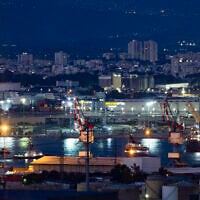 A nighttime view of the Haifa Port and the surrounding area in the northern Israeli city of Haifa, September 17, 2026. (Sharon Leibel/Flash90)