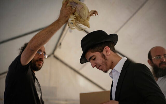 Ultra-Orthodox Jews perform the Kaparot ceremony on the eve of Yom Kippur in the Mea She'arim neighborhood of Jerusalem, September 20, 2026. (Rachel Alroey/Flash90)