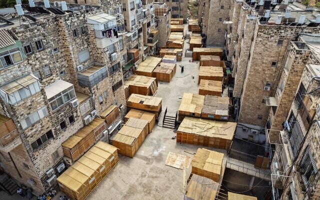 A street full of sukkahs in the religious neighborhood of Sorotzkin in Jerusalem, ahead of the Jewish holiday of Sukkot, September 24, 2026. (Chaim Goldberg/Flash90)
