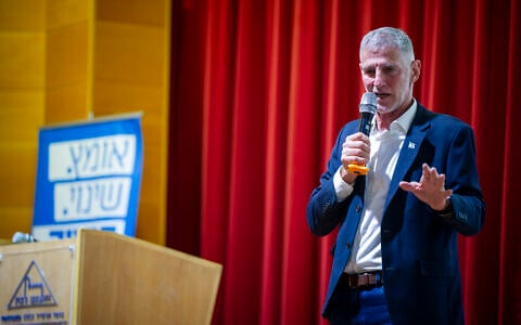 Yair Golan, chairman of the Democrats party, attends an election campaign event in the northern Israeli city of Haifa, September 28, 2026. (Sharon Leibel/Flash90)