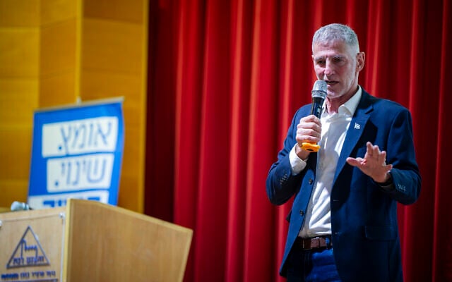Yair Golan, chairman of the Democrats party, attends an election campaign event in the northern Israeli city of Haifa, September 28, 2026. (Sharon Leibel/Flash90)