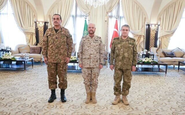 From R to L: Turkey's Chief of General Staff Selcuk Bayraktaroglu, Pakistan's military chief Marshal Syed Asim Munir, and Saudi military chief General Fayyadh Bin Hamed Al-Ruwaili at a meeting in Riyadh, September 25, 2026. (Turkish Defense Ministry/X) From R to L: Turkey's Chief of General Staff Selcuk Bayraktaroglu, Pakistan's military chief Marshal Syed Asim Munir, and Saudi military chief General Fayyadh Bin Hamed Al-Ruwaili at a meeting in Riyadh, September 25, 2026. (Turkish Defense Ministry/X)