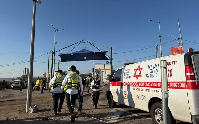 The scene of a car-ramming attack at Maccabim checkpoint in the West Bank, September 23, 2026. (Magen David Adom)