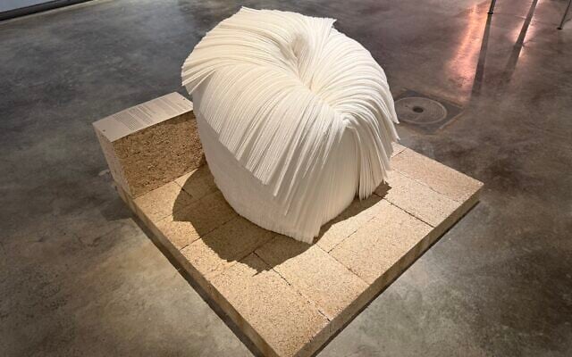 Cabbage Chair, designed for fashion designer Issey Miyake from the byproducts of the textile pleating process, at The Circle, the new exhibition at the Holon Design Museum, central Israel, September 9, 2026. (Sue Surkes/Times of Israel) Cabbage Chair, designed for fashion designer Issey Miyake from the byproducts of the textile pleating process, at The Circle, the new exhibition at the Holon Design Museum, central Israel, September 9, 2026. (Sue Surkes/Times of Israel)