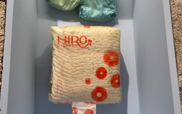 No waste diapers that come with a packet of microorganisms that 'eat' the used pad, at The Circle, the new exhibition at the Holon Design Museum, central Israel, September 9, 2026. (Sue Surkes/Times of Israel) No waste diapers that come with a packet of microorganisms that 'eat' the used pad, at The Circle, the new exhibition at the Holon Design Museum, central Israel, September 9, 2026. (Sue Surkes/Times of Israel)