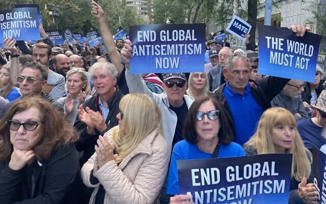 A rally against antisemitism in New York, September 23, 2026. (Luke Tress/Times of Israel) A rally against antisemitism in New York, September 23, 2026. (Luke Tress/Times of Israel)