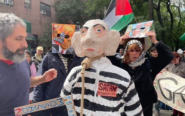 An effigy of Prime Minister Netanyahu outside the UN, September 24, 2026. (Luke Tress/Times of Israel) An effigy of Prime Minister Netanyahu outside the UN, September 24, 2026. (Luke Tress/Times of Israel)