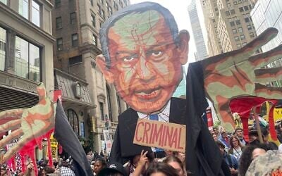 Protesters against Prime Minister Benjamin Netanyahu in New York City, September 24, 2026. (Luke Tress/Times of Israel) Protesters against Prime Minister Benjamin Netanyahu in New York City, September 24, 2026. (Luke Tress/Times of Israel)
