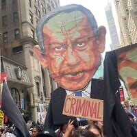 Protesters against Prime Minister Benjamin Netanyahu in New York City, September 24, 2026. (Luke Tress/Times of Israel)