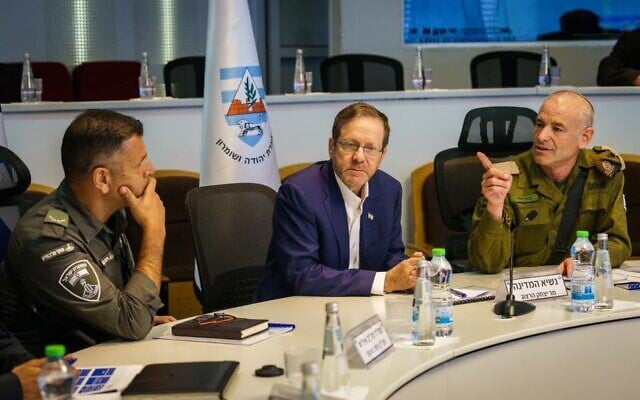 President Isaac Herzog on a visit to the IDF Judea and Samaria Division headquarters in the West Bank, on September 30, 2026. (Shalev Shalom)