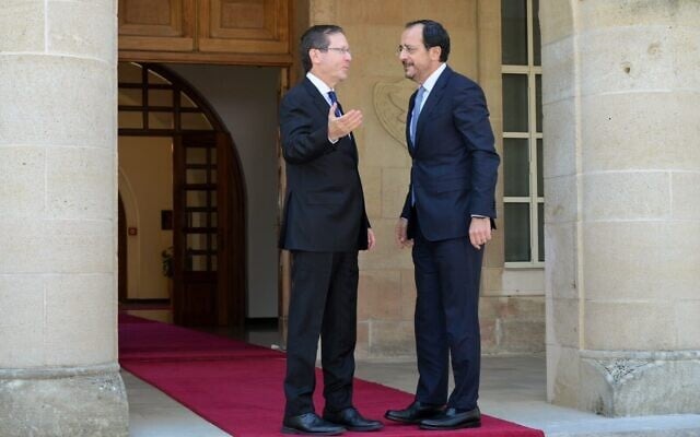President Isaac Herzog meets with his Cypriot counterpart, Nikos Christodoulides, at the Presidential Palace in Nicosia, September 10, 2026. (Ma'ayan Toaf)