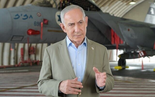 Prime Minister Benjamin Netanyahu at Tel Nof air base in a picture distributed on September 29, 2026. (Ma’ayan Toaf/GPO)