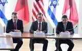 Foreign Minister Gideon Sa’ar (left) meets with his Moroccan counterpart Nasser Bourita (right) and US United Nations Ambassador Mike Waltz in New York, September 16, 2026. (Foreign Ministry)