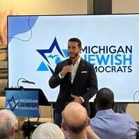 Abdul El-Sayed, Michigan Democratic candidate for US Senate, addresses the state’s Jewish Democratic caucus in Birmingham, Michigan, on Aug. 30, 2026. (Andrew Lapin/JTA)