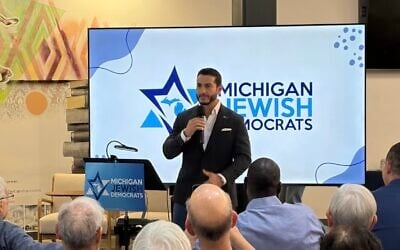 Abdul El-Sayed, Michigan Democratic candidate for US Senate, addresses the state’s Jewish Democratic caucus in Birmingham, Michigan, on Aug. 30, 2026. (Andrew Lapin/JTA) Abdul El-Sayed, Michigan Democratic candidate for US Senate, addresses the state’s Jewish Democratic caucus in Birmingham, Michigan, on Aug. 30, 2026. (Andrew Lapin/JTA)