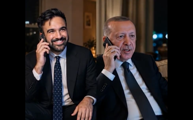 AI-generated versions of New York Mayor Zohran Mamdani (L) and Turkish President Recep Tayyip Erdogan are seen in a Likud campaign ad, September 4, 2026 (Video screenshot) AI-generated versions of New York Mayor Zohran Mamdani (L) and Turkish President Recep Tayyip Erdogan are seen in a Likud campaign ad, September 4, 2026 (Video screenshot)