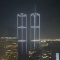 Drones recreate the Twin Towers over the New York Harbor on September 9, 2026, ahead of the 25th anniversary of the 9/11 terror attacks. (Screen capture: X, used in accordance with Clause 27a of the Copyright Law)