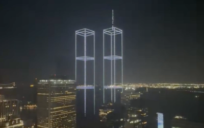 Drones recreate the Twin Towers over the New York Harbor on September 9, 2026, ahead of the 25th anniversary of the 9/11 terror attacks. (Screen capture: X, used in accordance with Clause 27a of the Copyright Law)