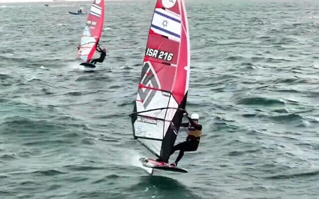 Israel's Tamar Steinberg, and behind her Israel's Sharon Kantor, in the final moments of the iQFOiL Windsurfing World Championships in England, September 12, 2026. (Video screenshot)