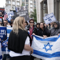 Noa Peri-Jensch, chief communities officer of the Israeli-American Council, speaks at a rally criticizing the documentary 'NAZA' outside its North American premiere at Lincoln Center in New York on September 26, 2026. (Joseph Strauss/JTA)