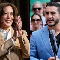 Left: Former US vice president Kamala Harris arrives at a National Action Network Convention in New York, April 10, 2026. (AP Photo/Angelina Katsanis) Right: Democratic nominee for US Senate Abdul El-Sayed speaks at a news conference in Detroit, August 19, 2026. (AP Photo/Paul Sancya)