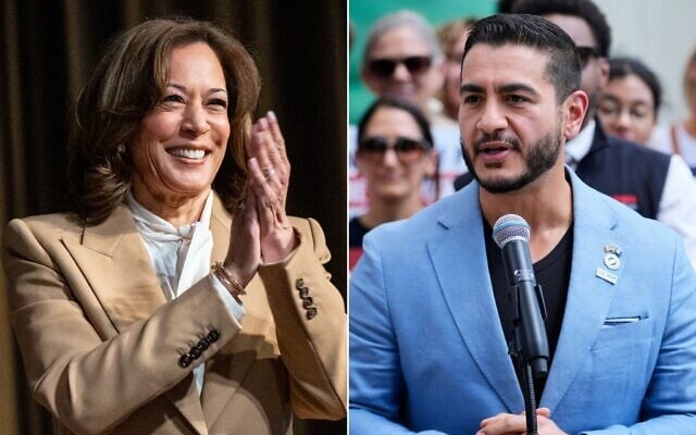 Left: Former US vice president Kamala Harris arrives at a National Action Network Convention in New York, April 10, 2026. (AP Photo/Angelina Katsanis) Right: Democratic nominee for US Senate Abdul El-Sayed speaks at a news conference in Detroit, August 19, 2026. (AP Photo/Paul Sancya)