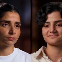 Atefeh Ramezanisadeh, left, and Fatemeh Pasandideh, right, former members of the Iranian women’s soccer team, appear on 60 Minutes Australia, in a video uploaded to YouTube on September 6, 2026. (Screenshot)