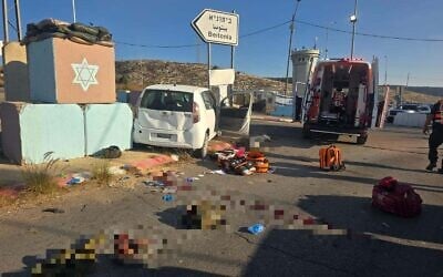 The scene of a car-ramming attack at Maccabim checkpoint in the West Bank, September 23, 2026. (United Hatzalah) The scene of a car-ramming attack at Maccabim checkpoint in the West Bank, September 23, 2026. (United Hatzalah)