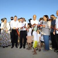 Finance Minister Bezalel Smotrich, Justice Minister Yariv Levin, Science Minister Gila Gamliel, Settlements Minister Orit Strock, and other dignitaries inaugurate two new settlements in the southern West Bank region, September 27, 2026. (Eitam Shalem)