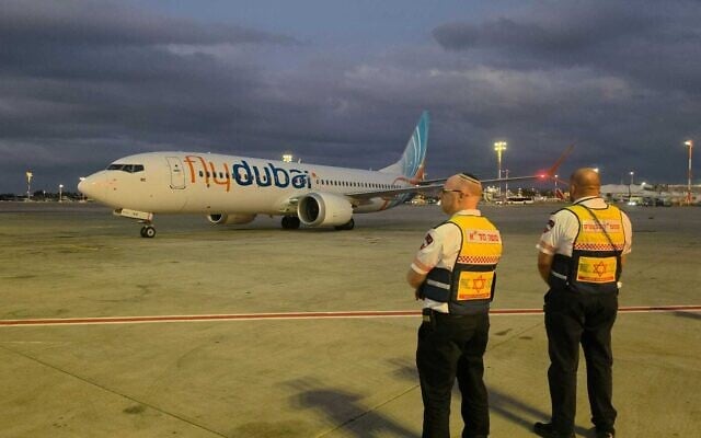 A flydubai rescue flight lands at Ben Gurion Airport on September 30, 2026. (Magen David Adom)