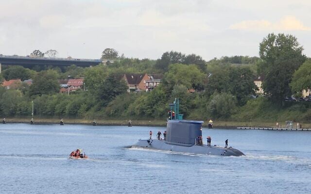 The Israeli Navy's INS Drakon submarine makes its way through Germany, en route to Israel, in a handout photo published on September 23, 2026. (Israel Defense Forces)